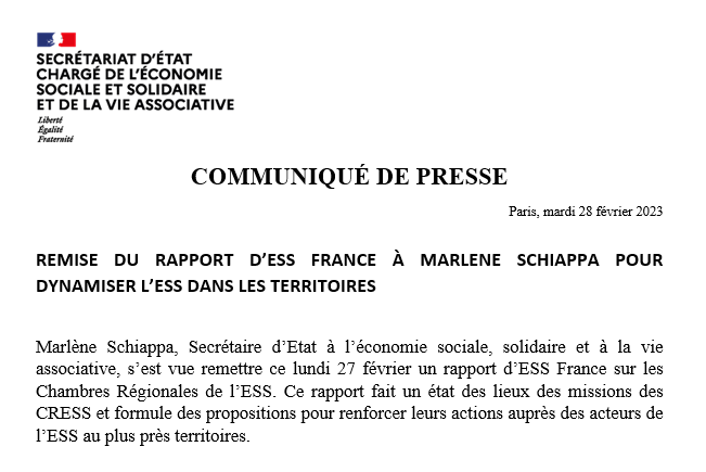 [CP] Remise du rapport d'ESS France à Marlène Schiappa pour dynamiser l'ESS dans les territoires