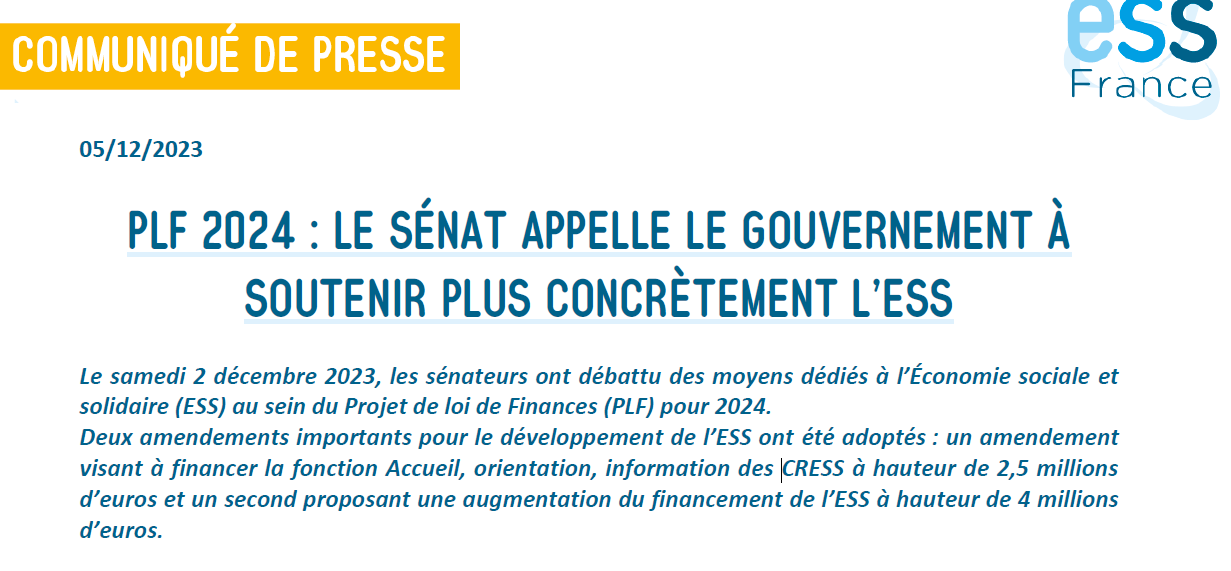 PLF 2024 : le Sénat appelle le gouvernement à soutenir plus concrètement l'ESS