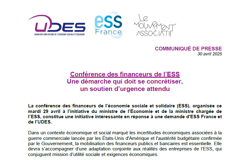 [CP] Conférence des financeurs de l'ESS : une démarche qui doit se concrétiser, un soutien d'urgence attendu