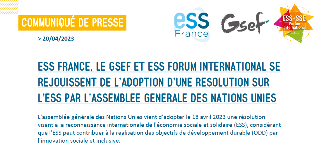 [CP] ESS France, le GSEF et ESS Forum International se réjouissent de l'adoption d'une résolution sur l'ESS par l'assemblée générale des Nations Unies
