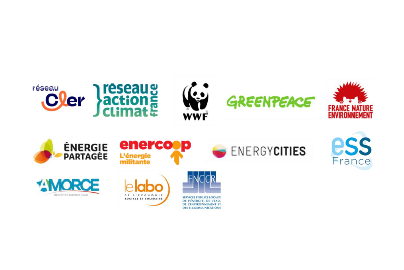 logos réseau cler, réseau action climat france WWF, greenpeace, France nature environnement sur la première ligne, énergie partagée, enercoop, energycities et ESS France sur la 2ème ligne, et Amorce, le Labo de l'ESS et la FNCCR sur la 3ème ligne