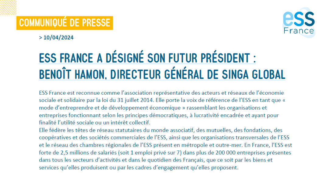 Communiqué de presse - ESS France a désigné son futur Président : Benoît Hamon, Directeur Général de Singa Global