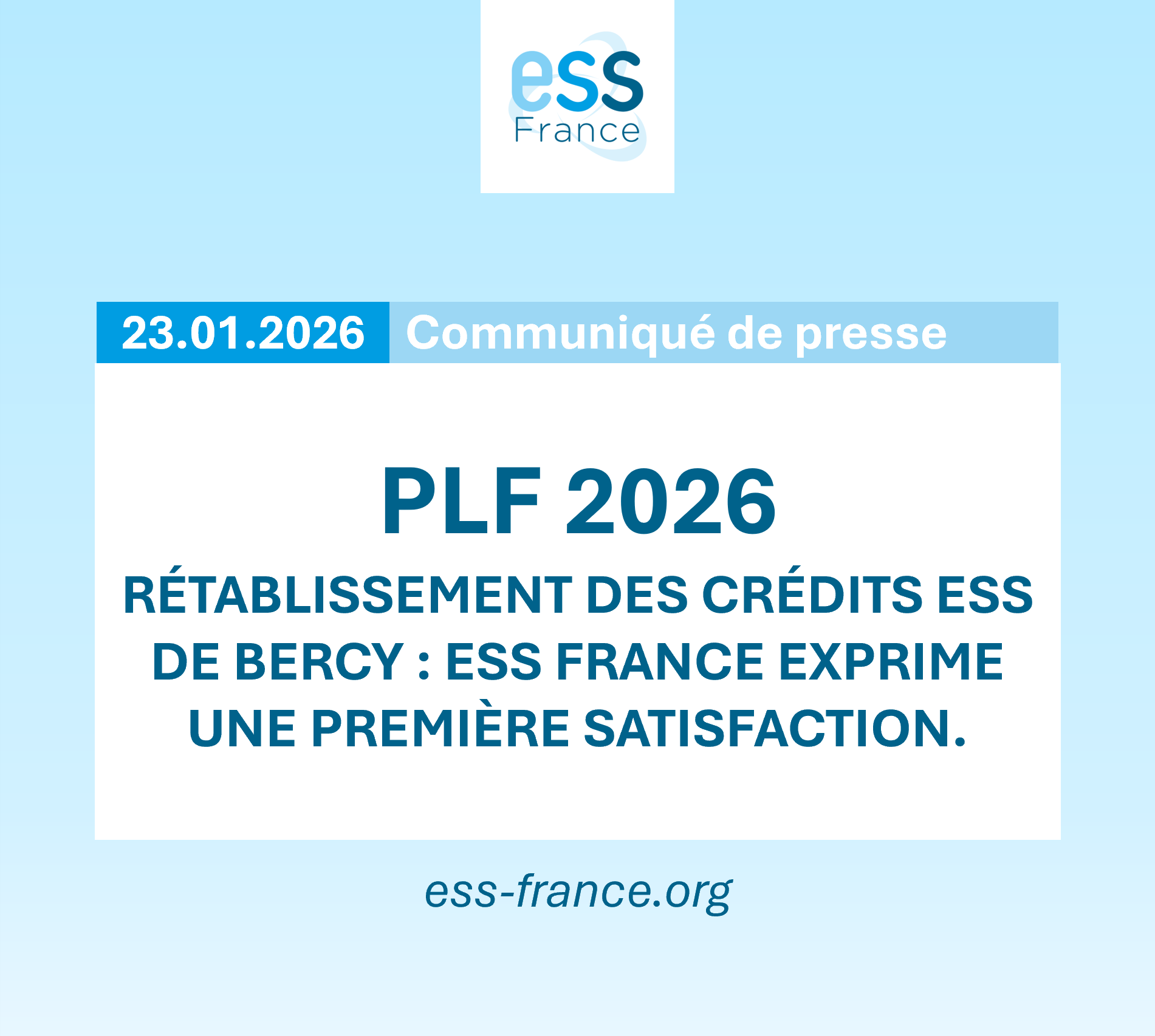 [CP] PLF 2026 - Rétablissement des crédits ESS de Bercy : ESS France exprime une première satisfaction.