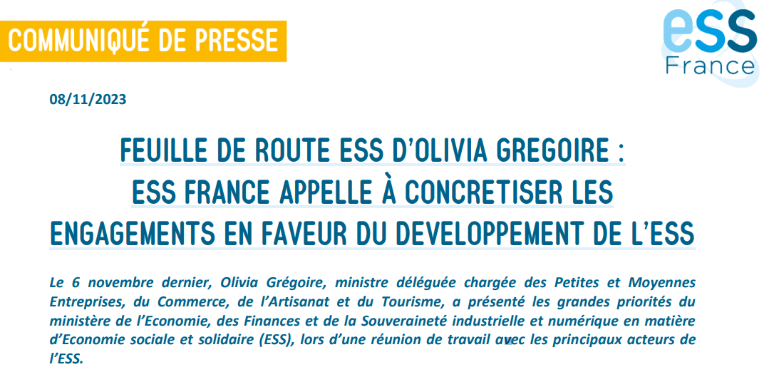 [CP] Feuille de route ESS d'Olivia Grégoire : ESS France appelle à concrétiser les engagements en faveur du développement de l'ESS