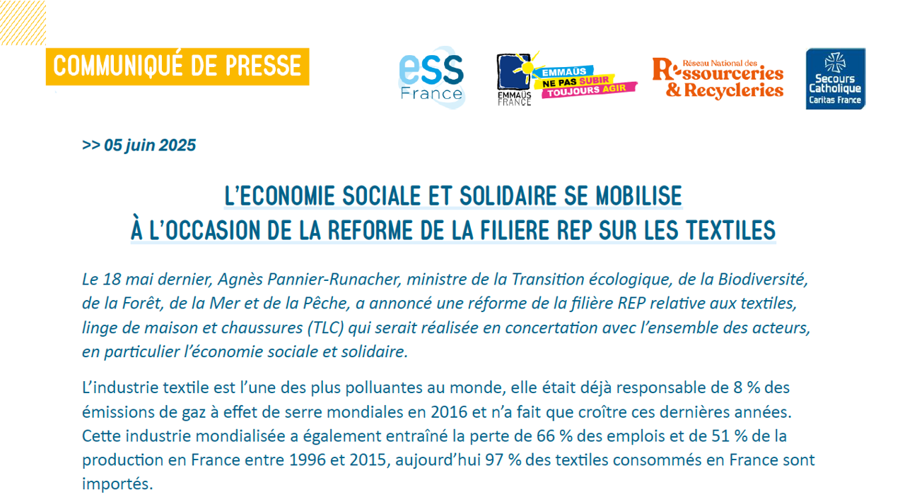 [CP] L'économie sociale et solidaire se mobilise à l'occasion de la réforme de la filière REP sur les textiles