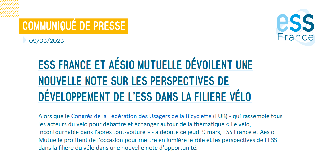 [CP] ESS France et Aésio Mutuelle dévoilent une nouvelle note sur les perspectives de développement de l'ESS dans la filière vélo