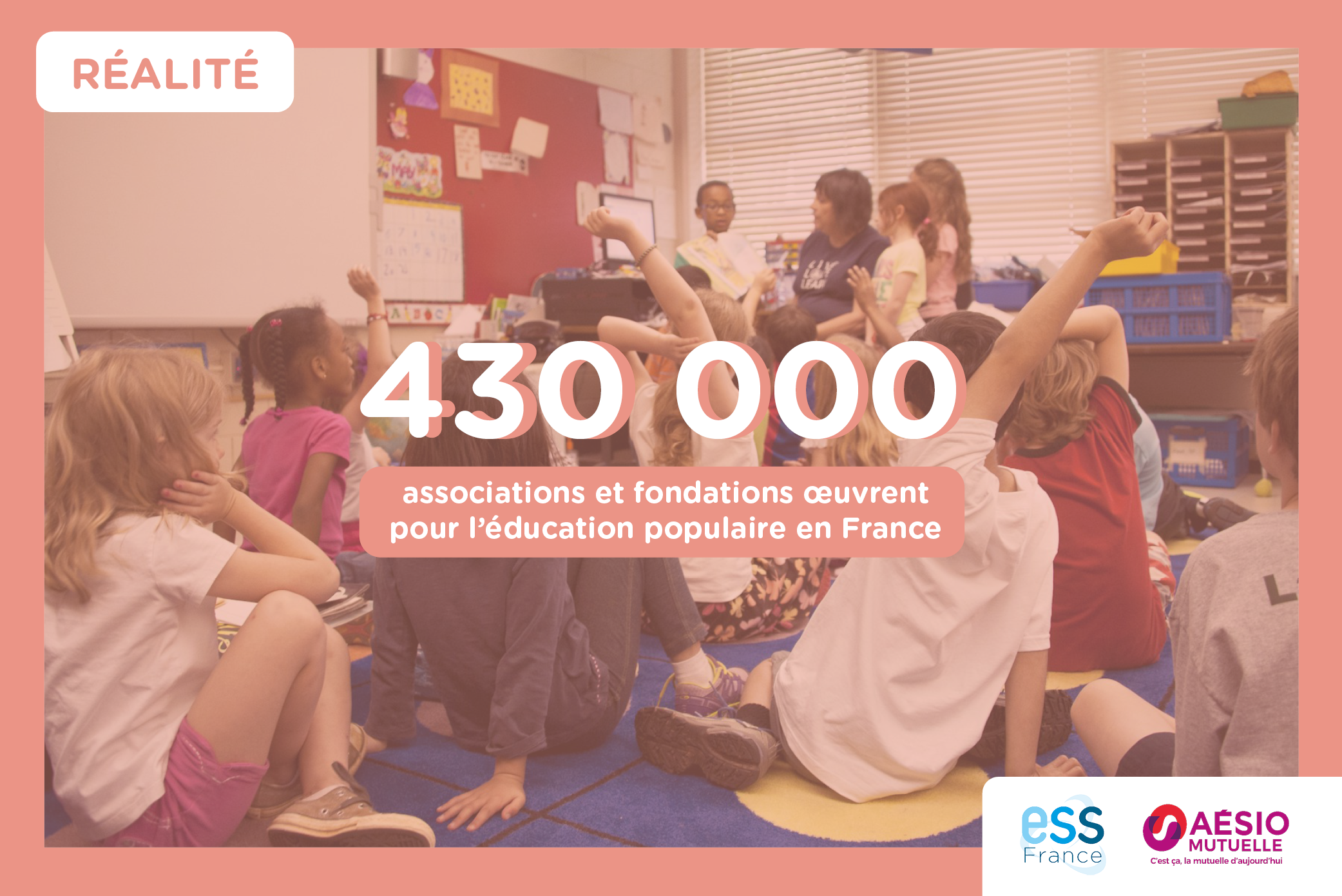image d'enfants de dos dans une salle de classe assis par terre, avec deux enfants qui lèvent la main et 4 de face, avec filtre rose et texte indiquant "réalité - 430 000 associations et fondations œuvrent pour l’éducation populaire en France", logos ESS France et Aésio Mutuelle