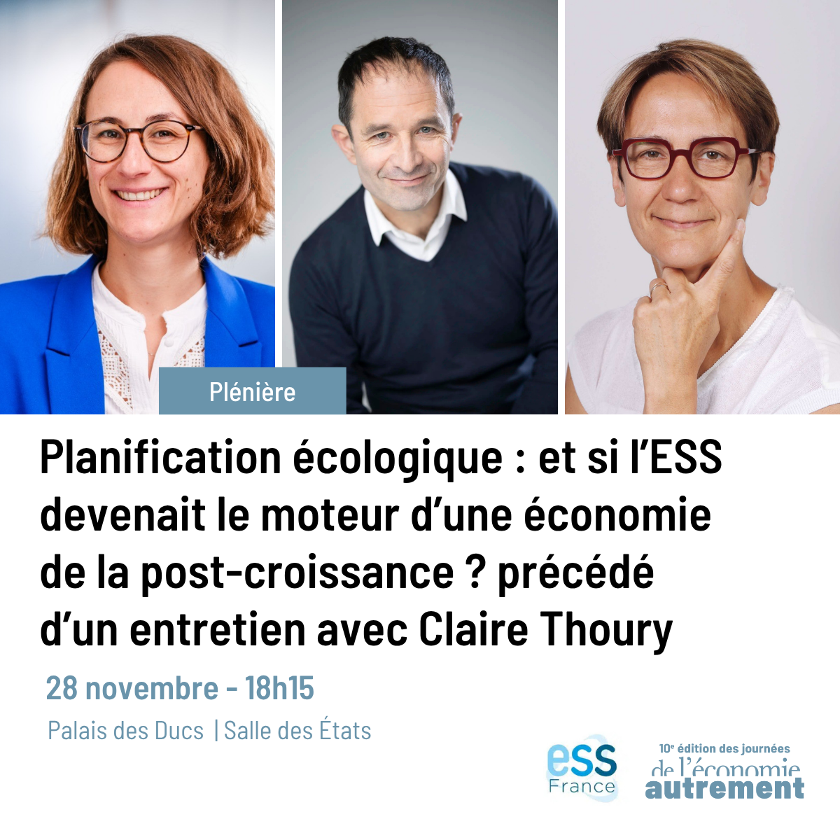 visuel avec photos de deux femmes et un homme, texte indiquant "planification écologique : et si l'ESS devenait le moteur d'une économie de la post-croissance ?"