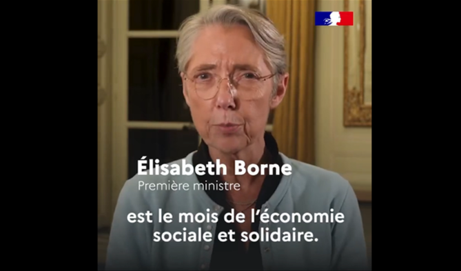 La Première Ministre Elisabeth Borne a publié sur son compte Twitter une vidéo en clôture du Mois de l'ESS et de félicitations à tous les acteurs mobilisés.