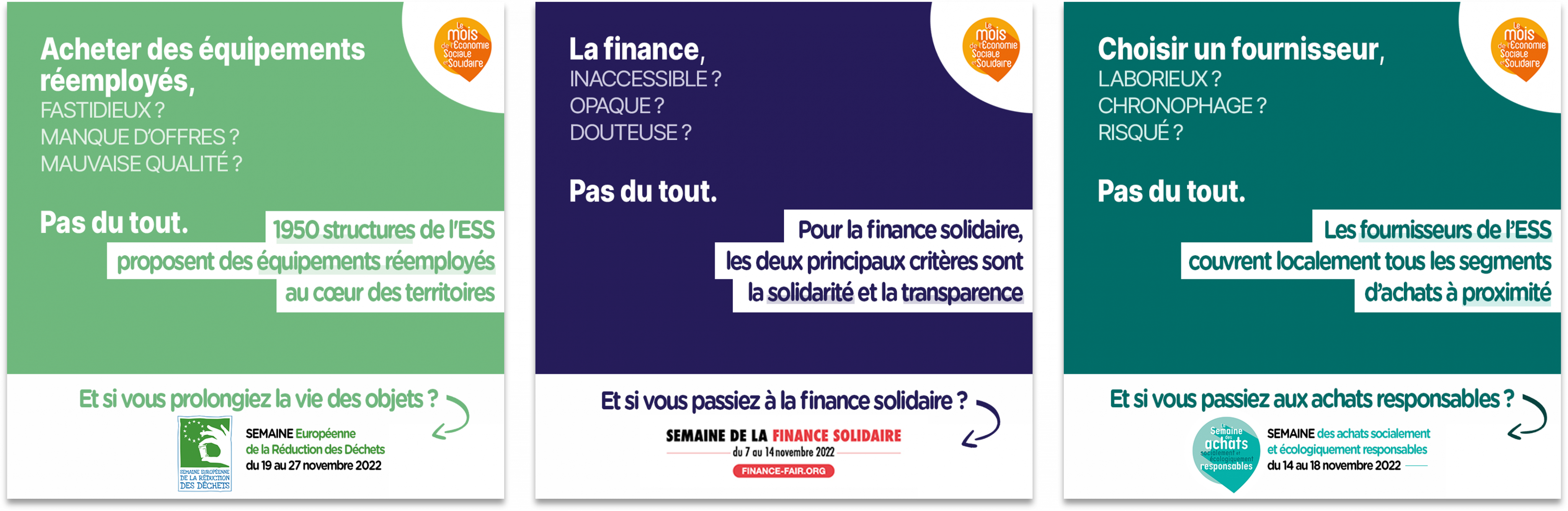 Images des 3 visuels dédiés aux semaines thématiques du Mois de l'ESS : finance solidaire, achats responsables et réduction des déchets