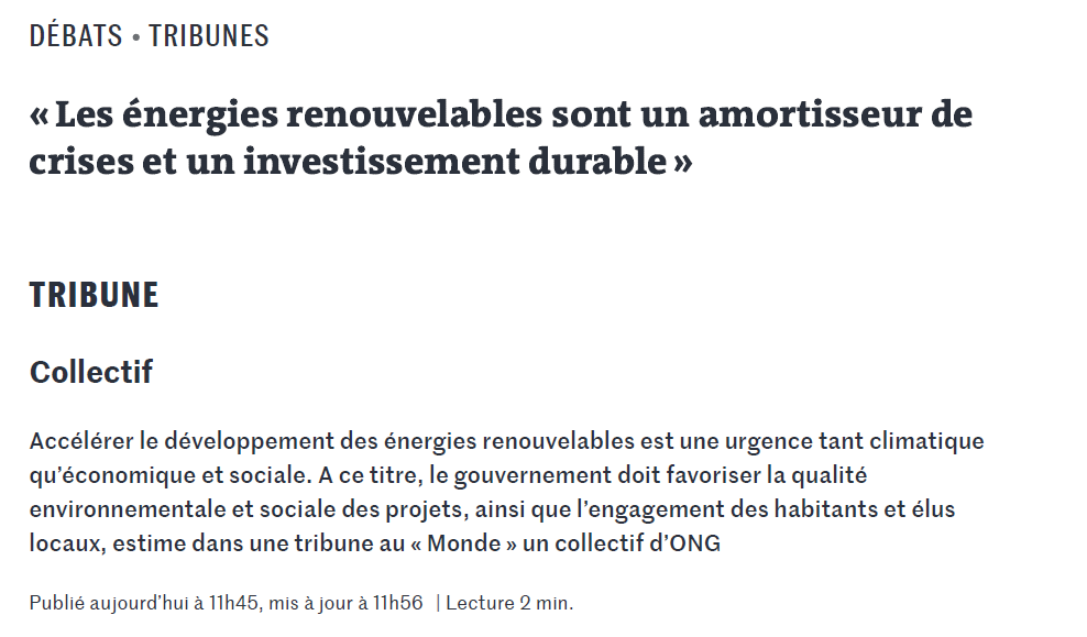 Tribune sur les Energies renouvelables publiée dans le Monde