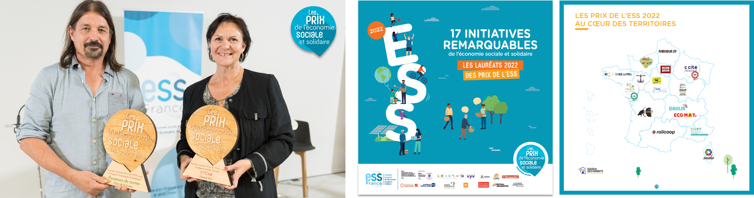 Les lauréats nationaux des Prix de l'ESS lors de l'événement de lancement du Mois de l'ESS et le guide des initiatives remarquables 2022 avec les lauréats régionaux