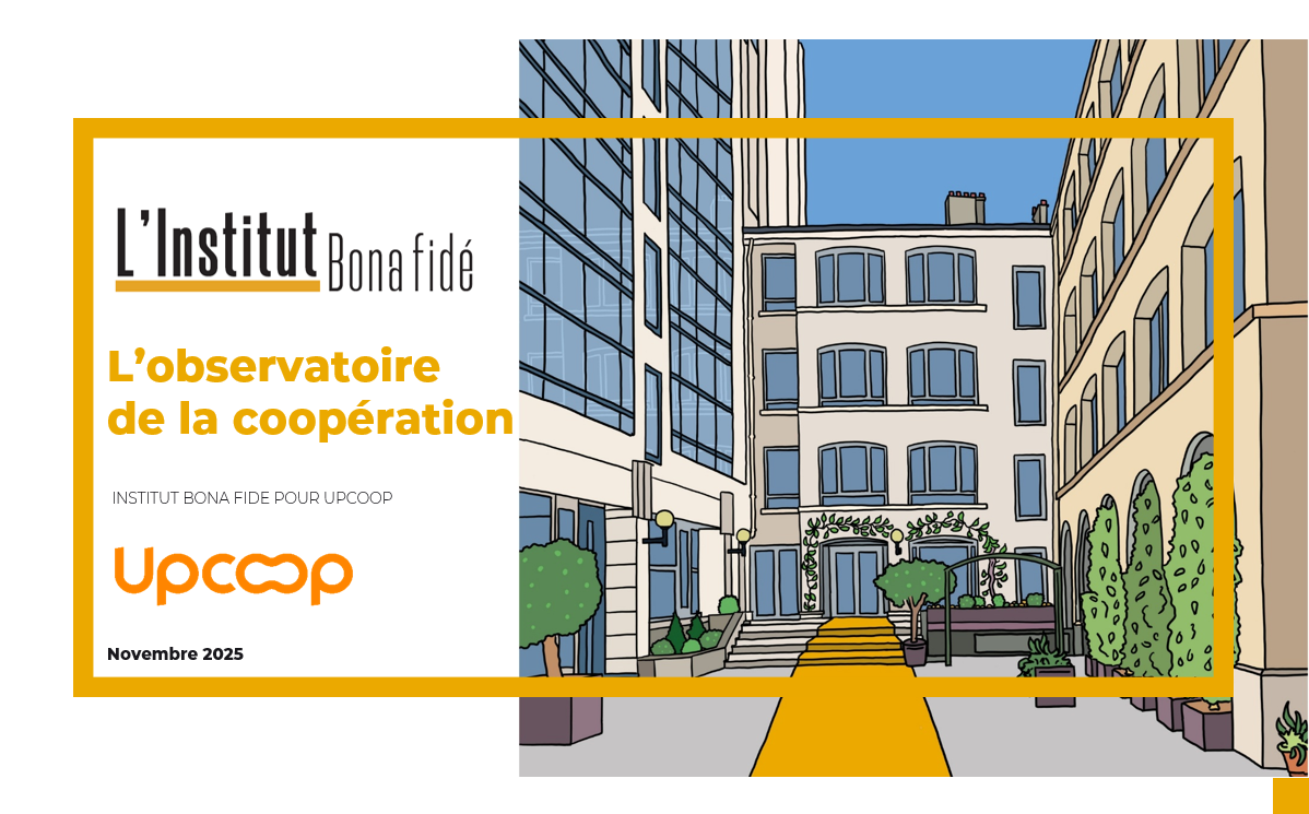 illustration d'un bâtiment, texte indiquant "L'institut Bona Fidé L'observatoire de la coopération Institut Bona Fidé pour UpCoop novembre 2025"