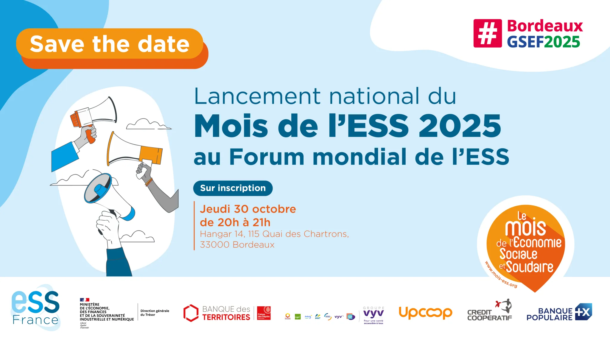 visuel avec illustration de mains tenant des megaphones, et texte indiquant "lancement national du mois de l'ESS 2025 au Forum mondial de l'ESS"