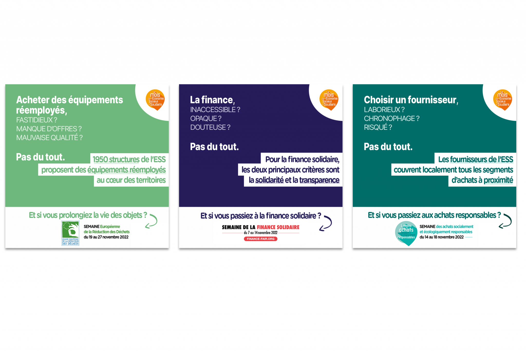 Trois visuels de la campagne de communication du Mois de l'ESS pour les semaines thématiques