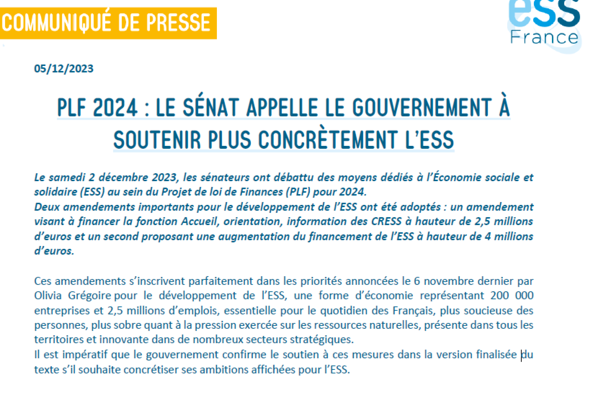 Communiqué de presse- PLF 2024: le Sénat appelle le gouvernement à soutenir plus concrètement l'ESS