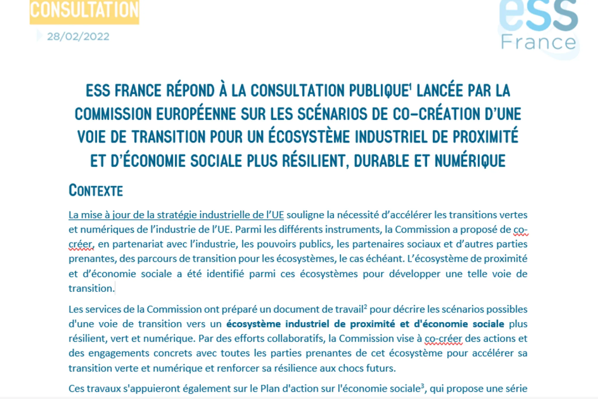ESS France répond à la consultation publique lancée par la commissions européenne