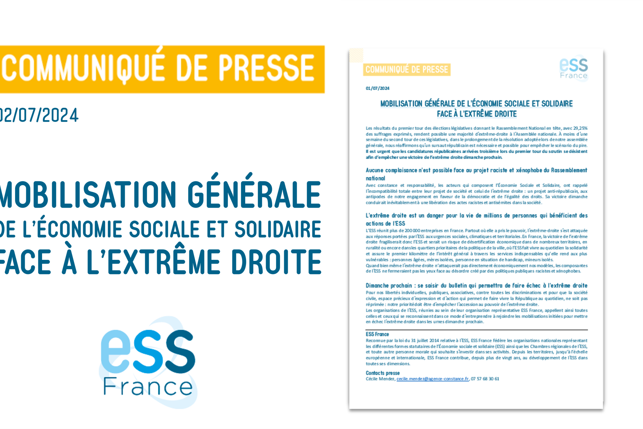 Communiqué de presse : Mobilisation générale de l'économie sociale et solidaire face à l'extrême droite