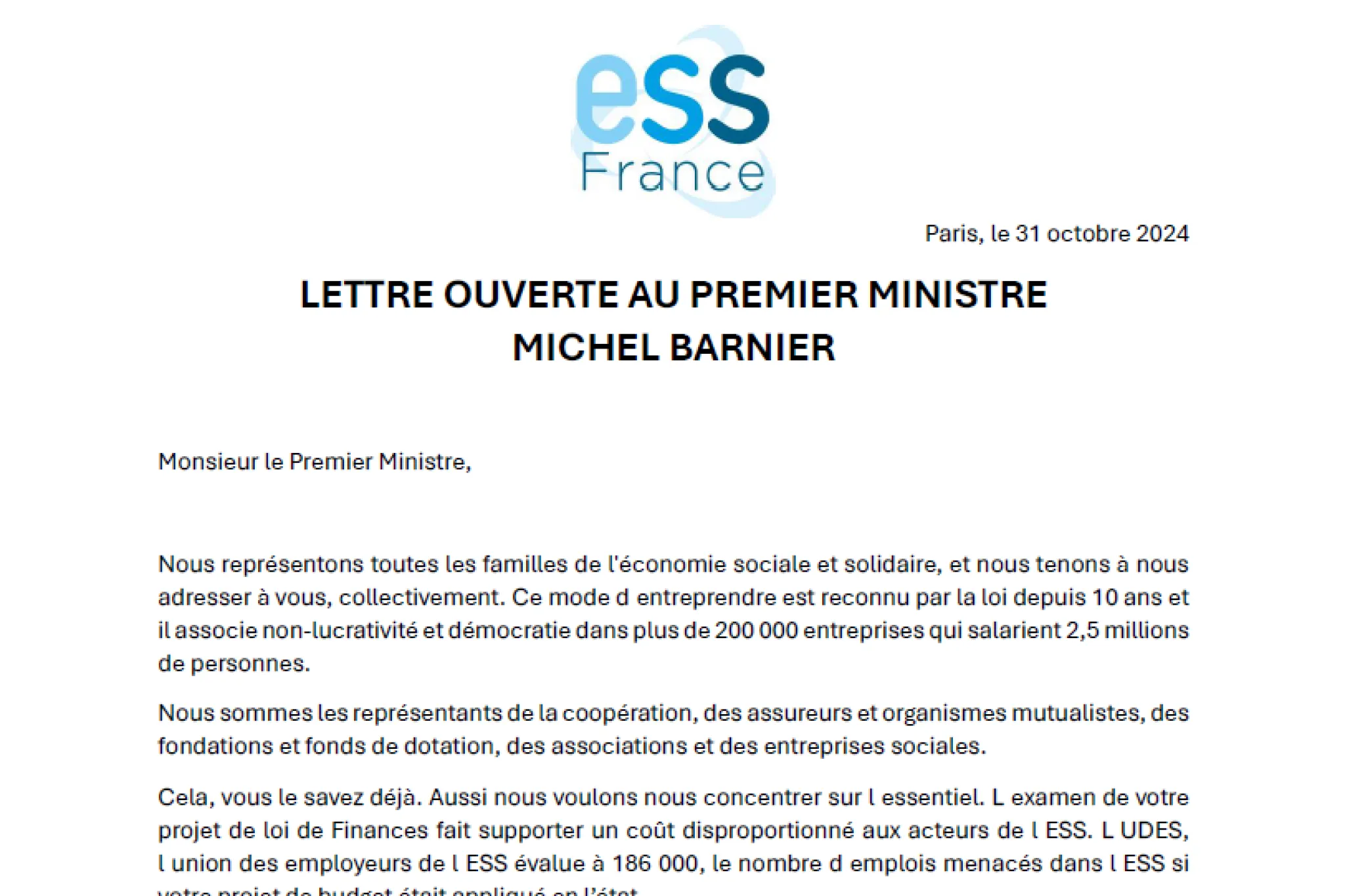 Lettre ouverte d'ESS France au Premier Ministre, Michel Barnier