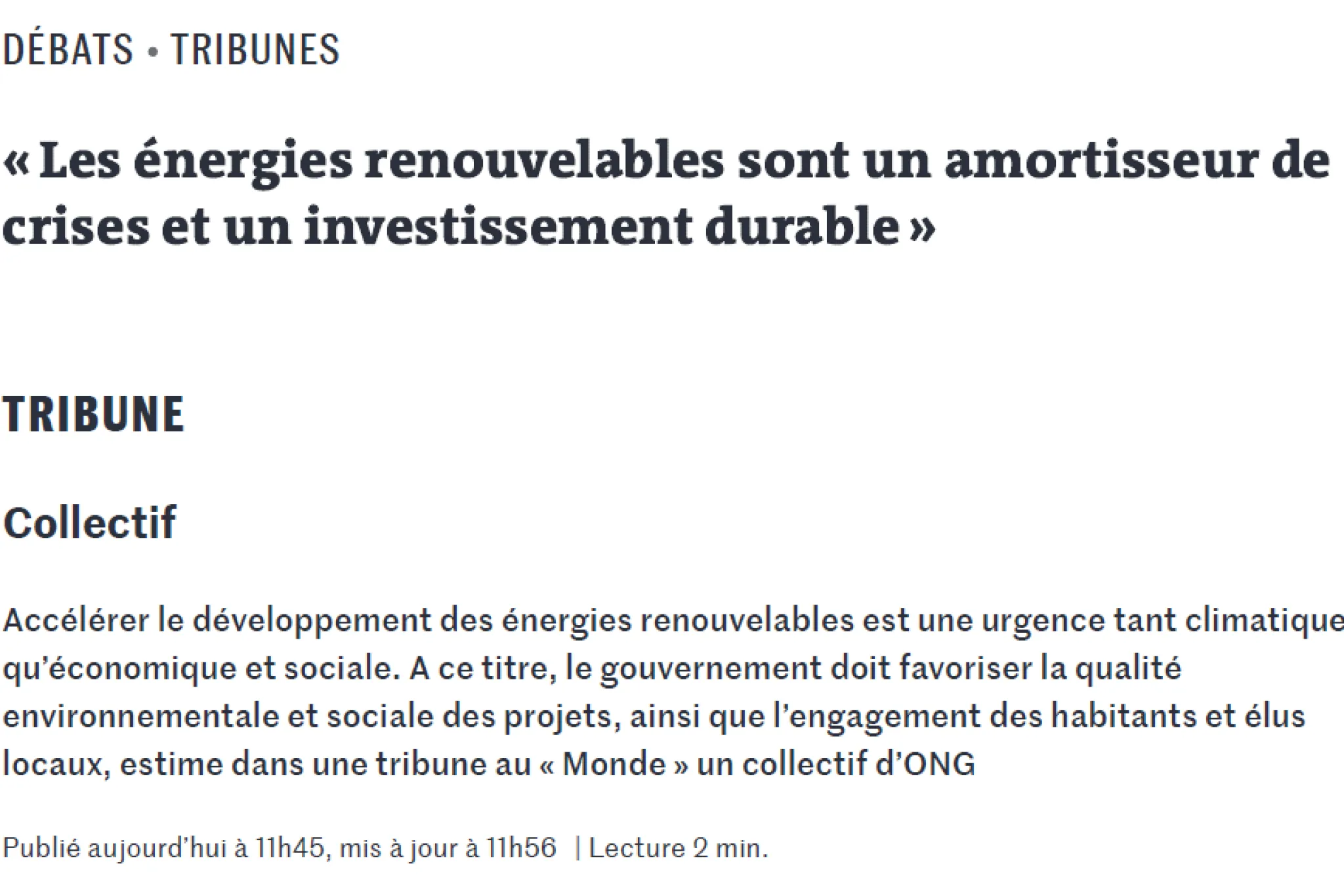 Tribune Energies renouvelables - Le Monde