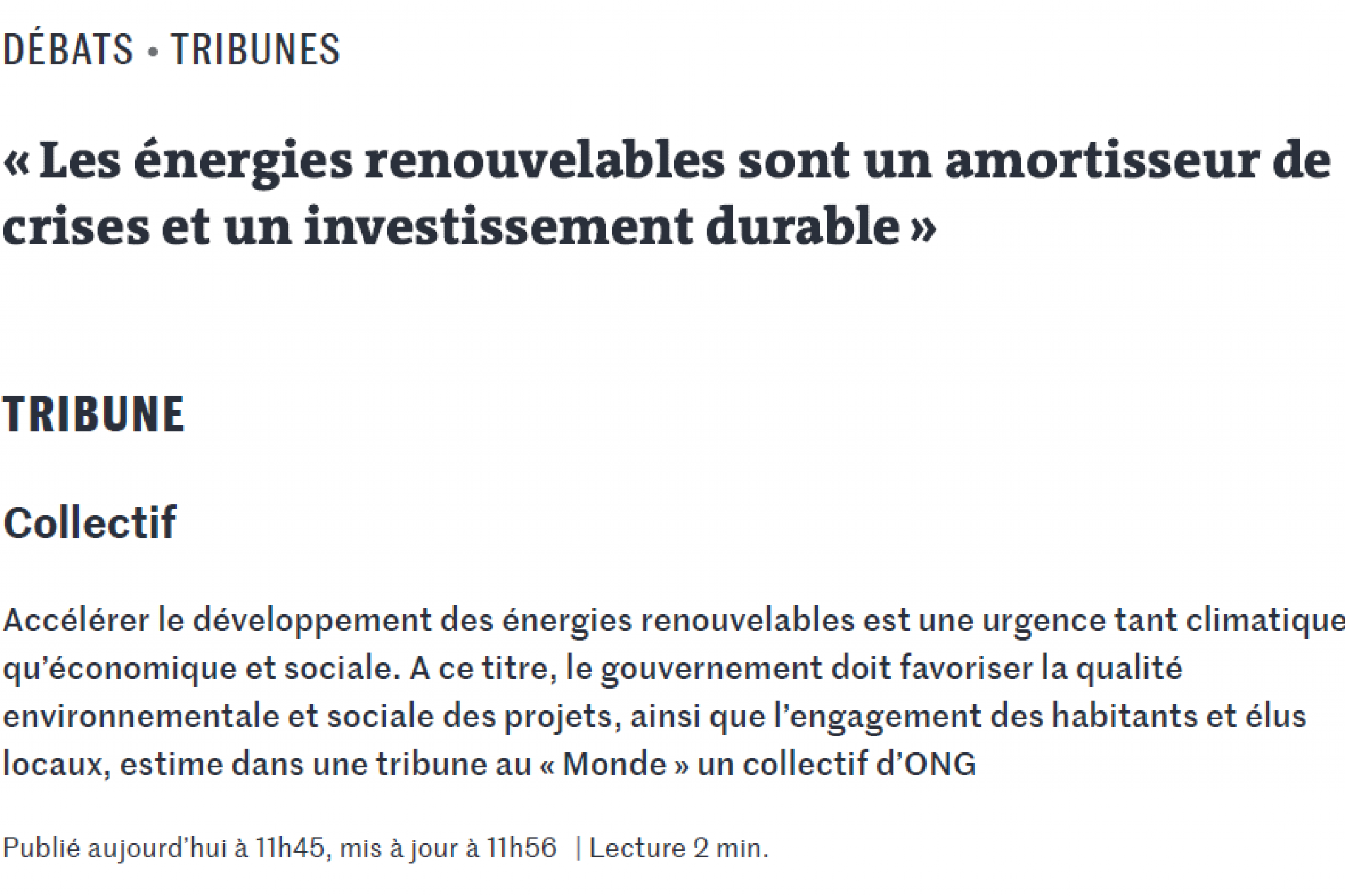 Tribune Energies renouvelables - Le Monde