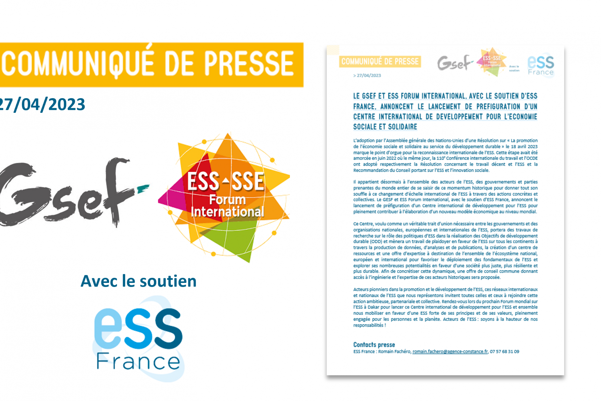 [CP] Le GSEF et ESS Forum International, avec le soutien d'ESS France, annoncent le lancement de préfiguration d'un centre international de développement pour l'ESS