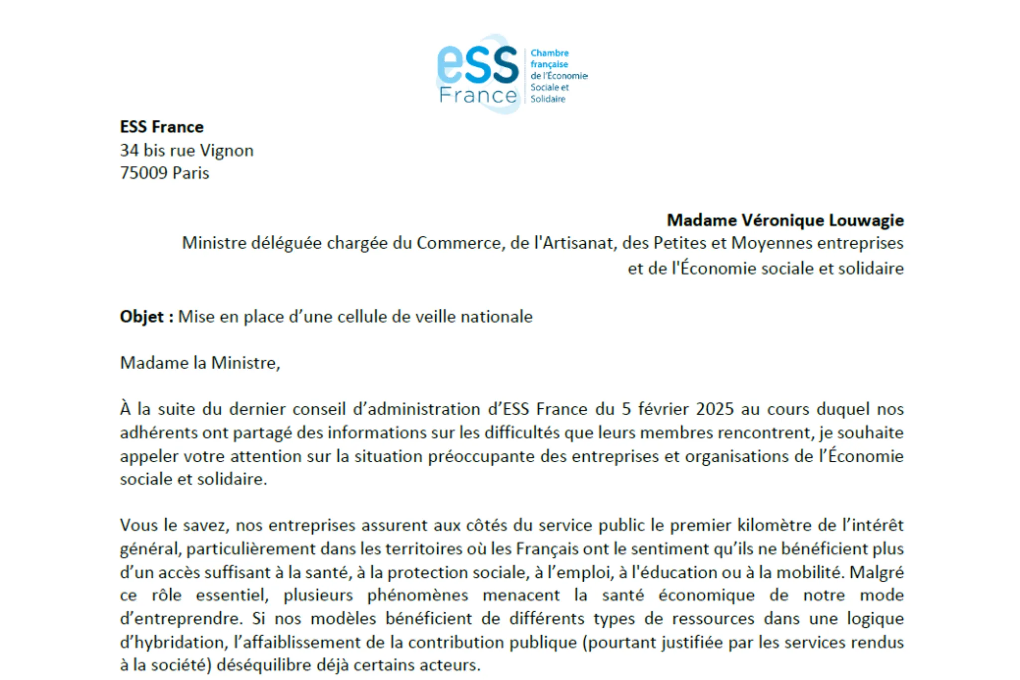 ESS France adresse un courrier à la Ministre à l'Economie Sociale et Solidaire et demande la mise en place d’une cellule de veille nationale
