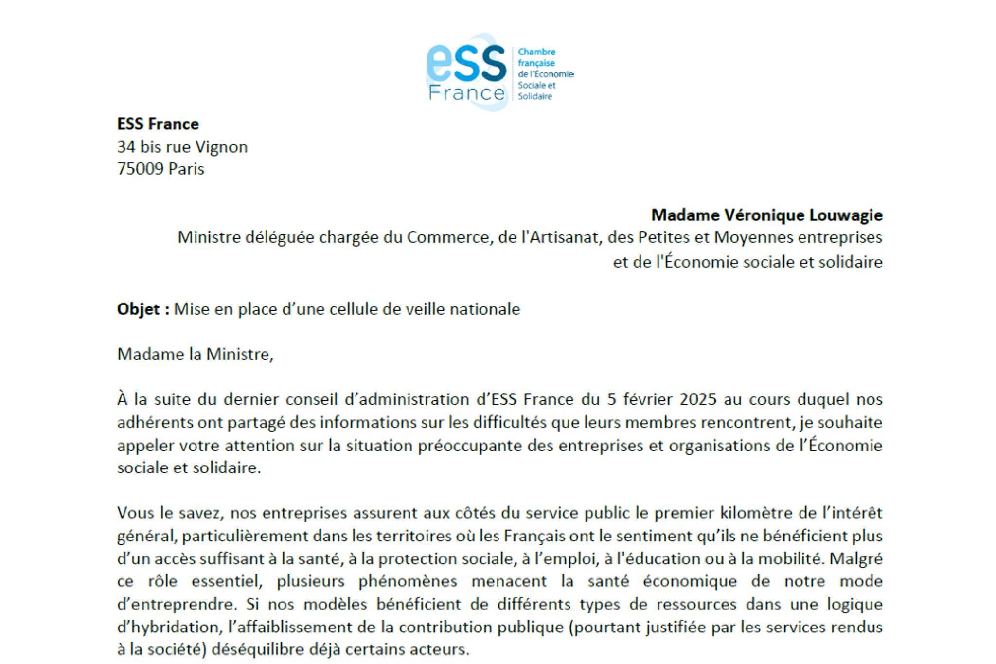 ESS France adresse un courrier à la Ministre à l'Economie Sociale et Solidaire et demande la mise en place d’une cellule de veille nationale