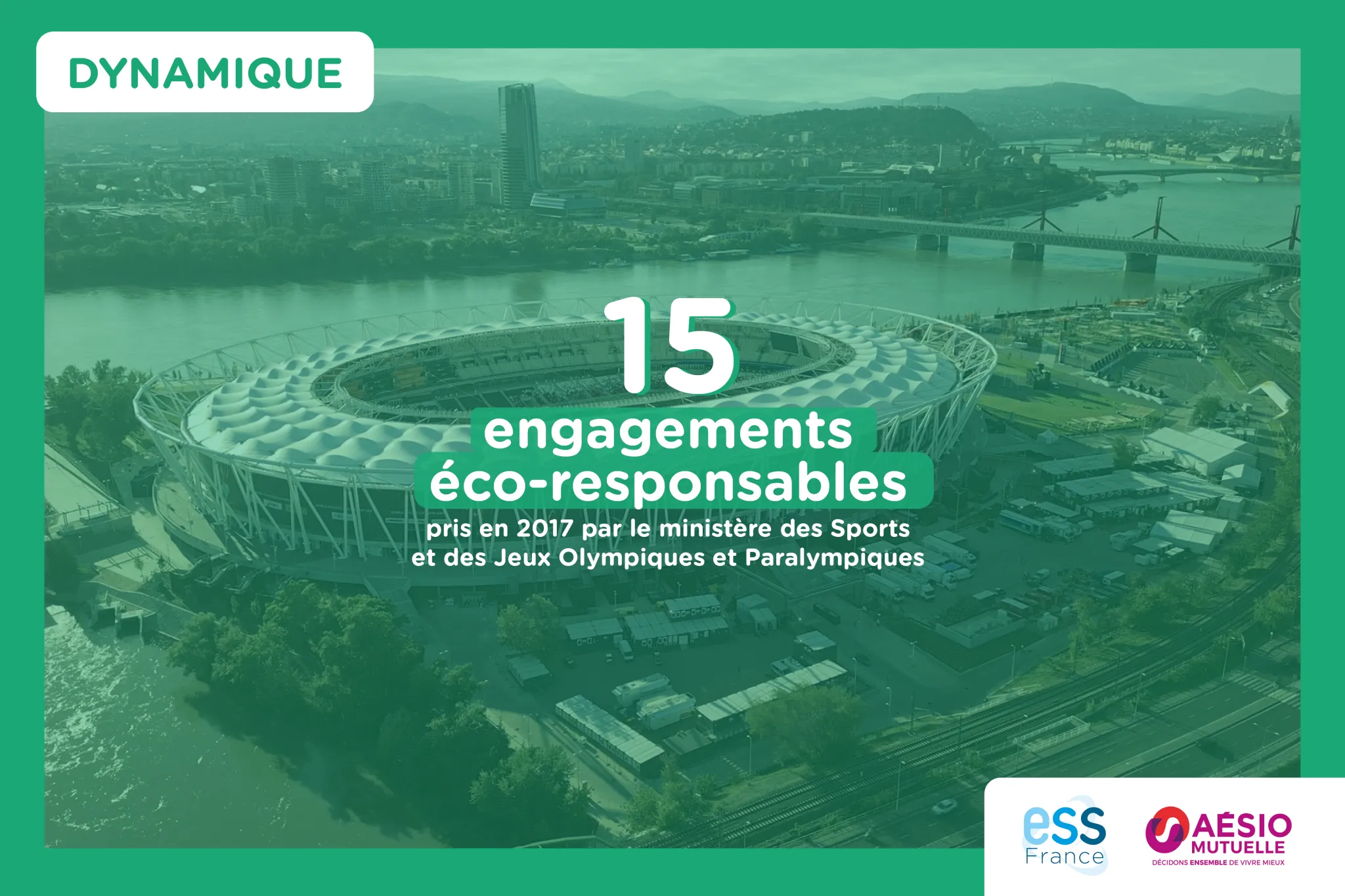 image représentant un stade, avec un texte indiquant : 15 engagements éco-responsables pris en 2017 par le Ministère des Sports et des Jeux Olympiques et Paralympiques