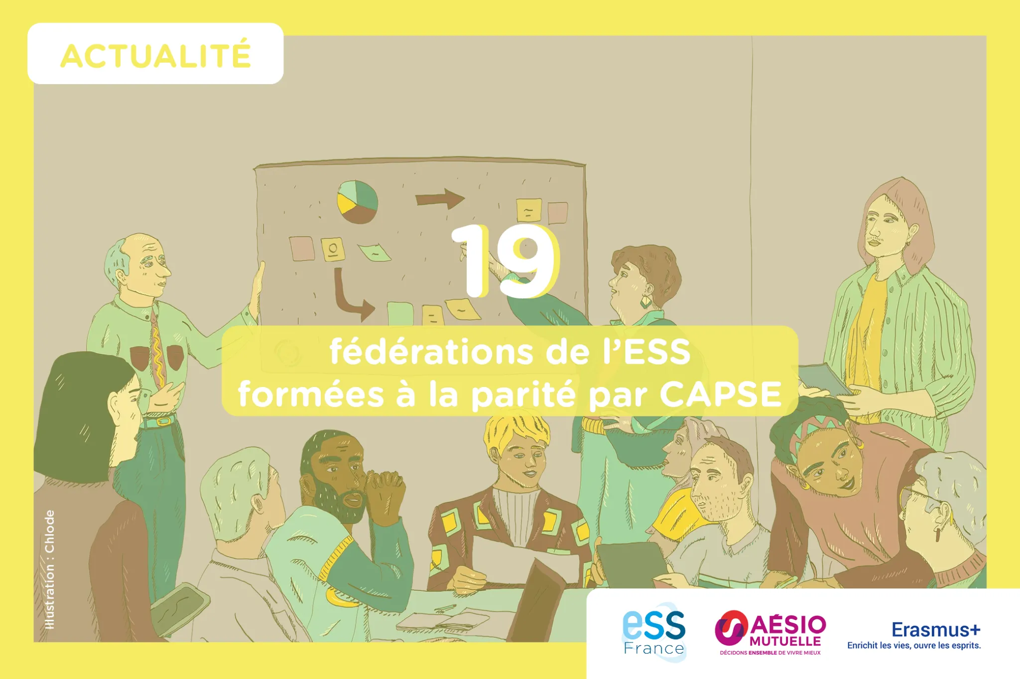 visuel avec illustration de personnes, texte 19 fédérations de l’ESS formées à la parité par CAPSE