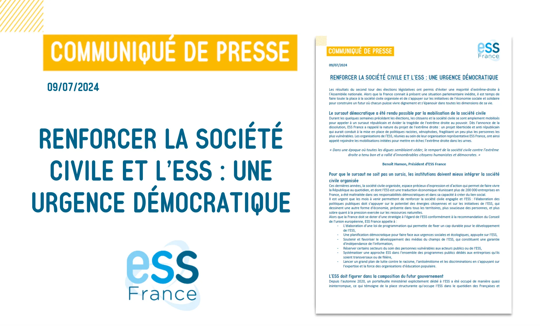 Communiqué de presse - Renforcer la société civile et l'ESS : une urgence démocratique