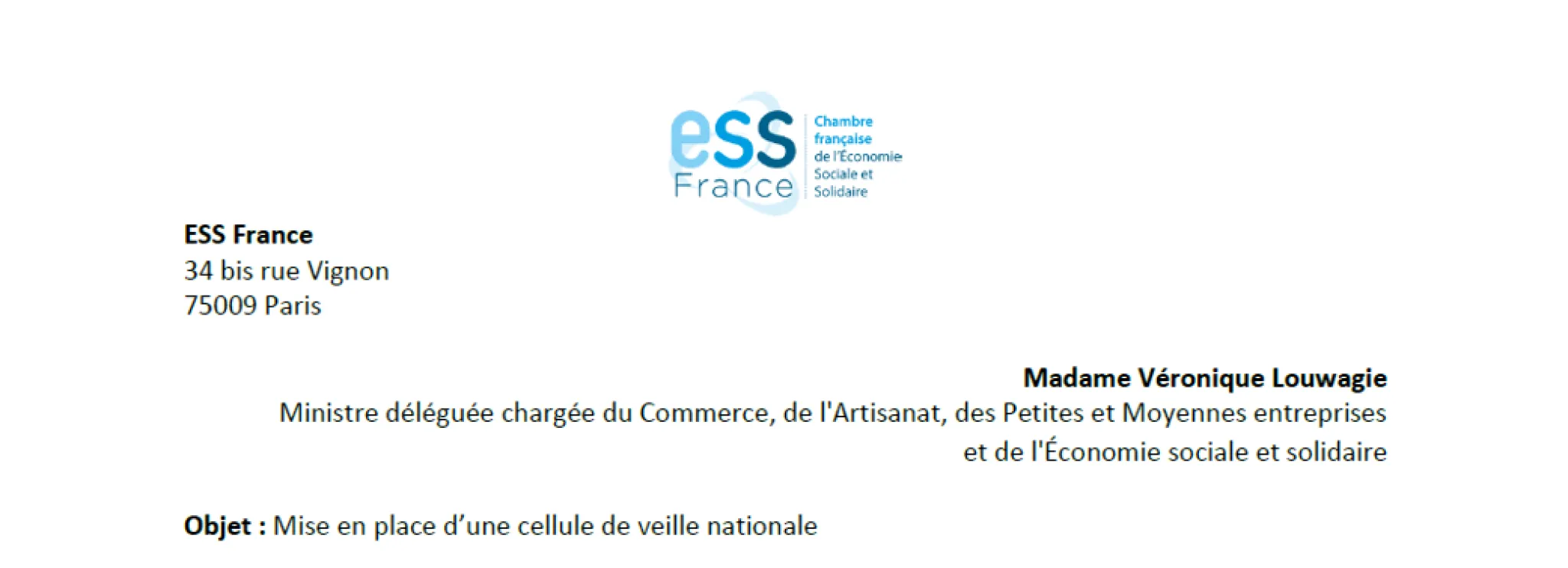 ESS France adresse un courrier à la Ministre à l'Economie Sociale et Solidaire et demande la mise en place d’une cellule de veille nationale